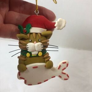 Santa Hat Cat Kitten Whiskers Clay Christmas Ornament Hat Bell 3 1/2 Inches